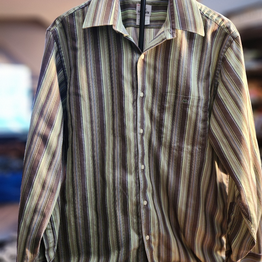 Lacoste Multicolor Striped Button Down Shirt, Mens 44 XL